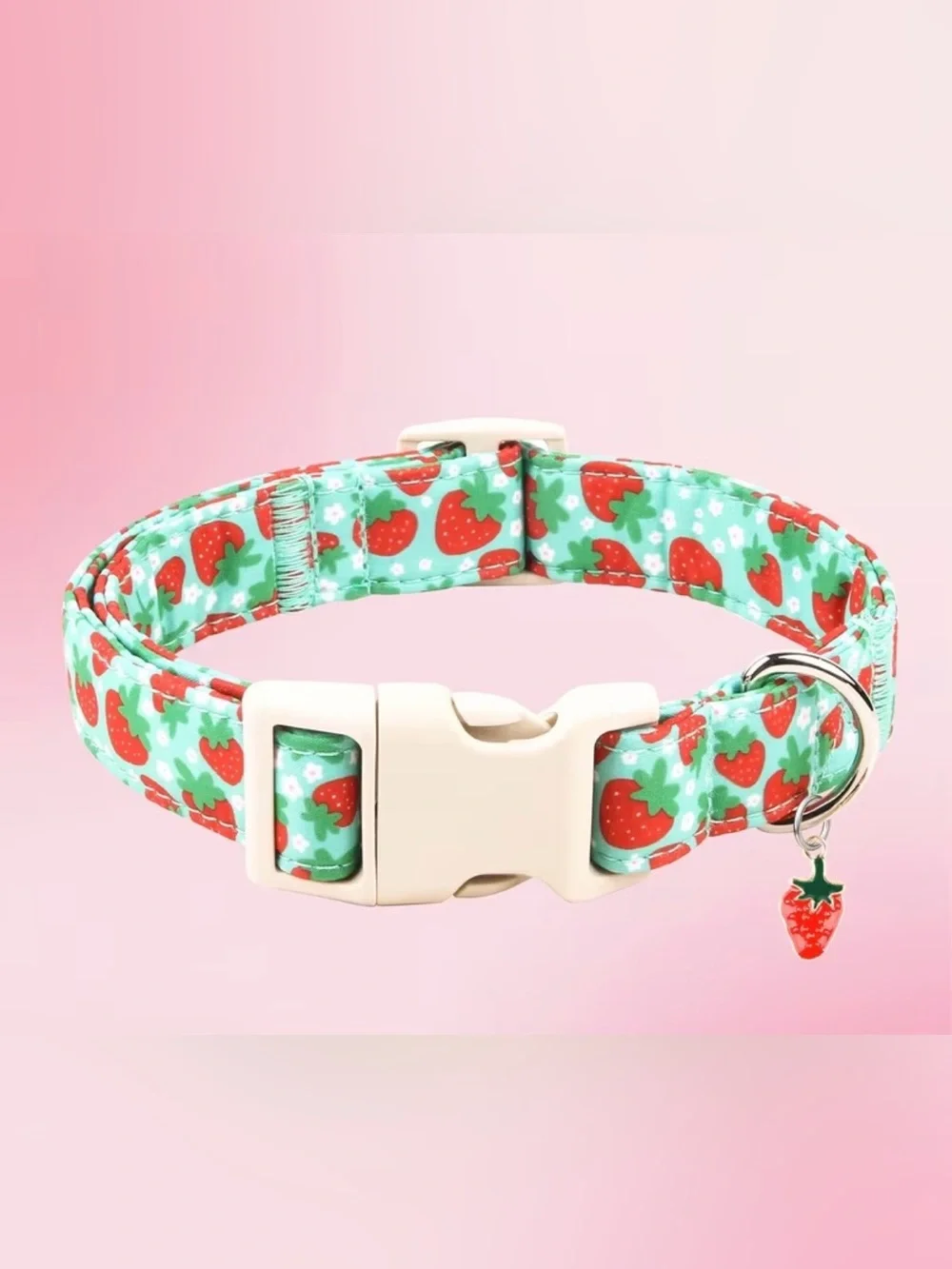 Strawberry Print Dog Collar - Mint Green. Sizes M & L